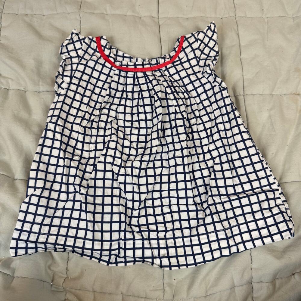 Jacadi Blue White Windowpane Plaid Pleated Top Blouse Flutter Sleeve Girls 3 3T